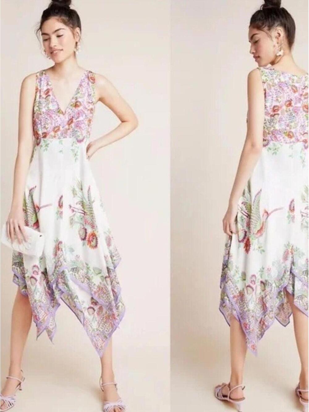 Anthropologie Analise Floral Midi Dress 2 Handkerchief Hem Boho Flowy V Neck